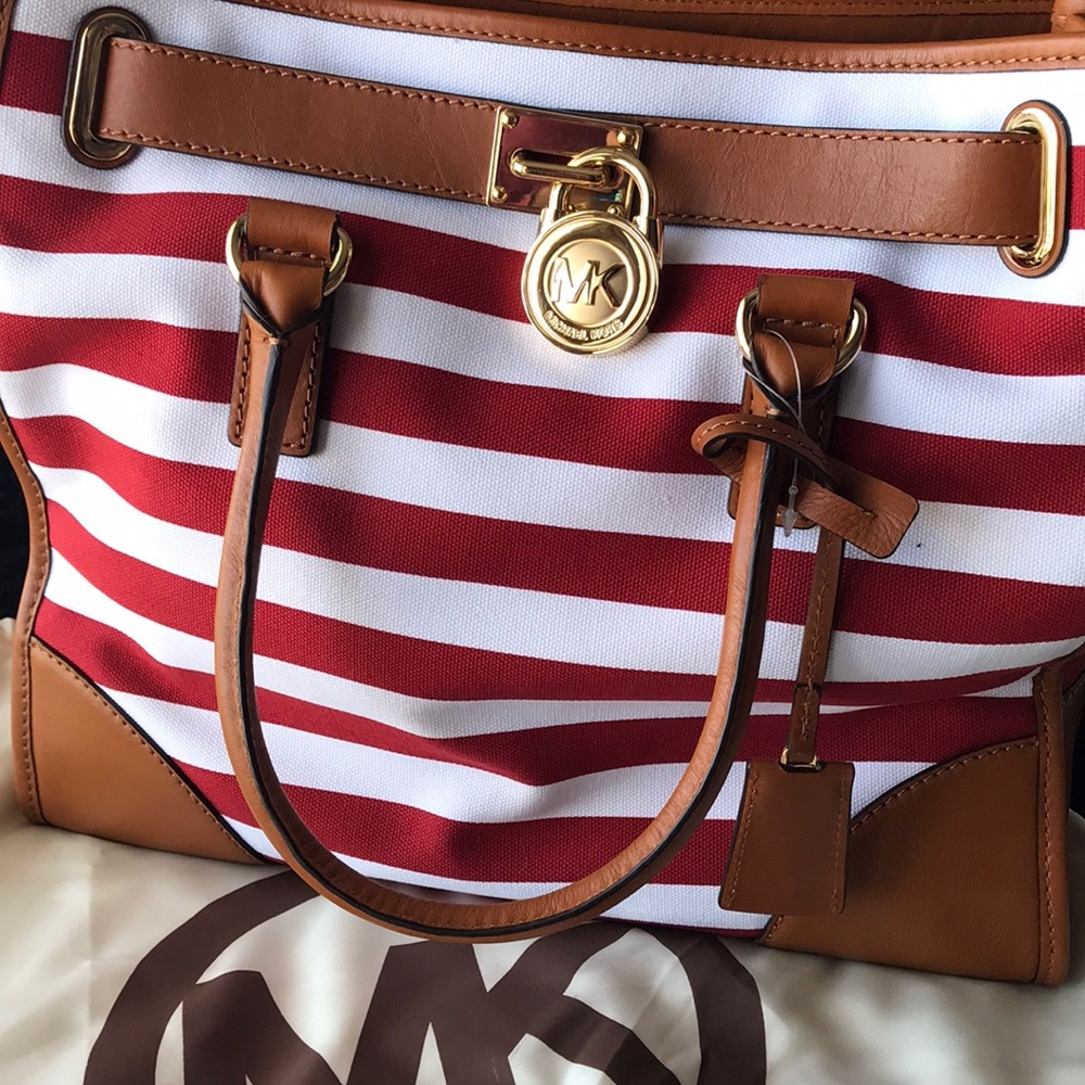 MICHAEL KORS RED/WHITE STRIPED LG HAMILTON TOTE